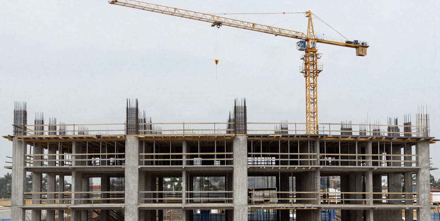 Structure béton armé en cours d'étude et de réalisation, avec grue à tour